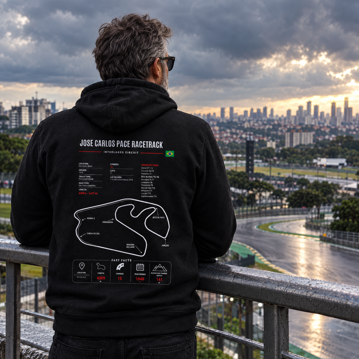 Fan wearing the Allison Racing Interlagos hoodie at the track