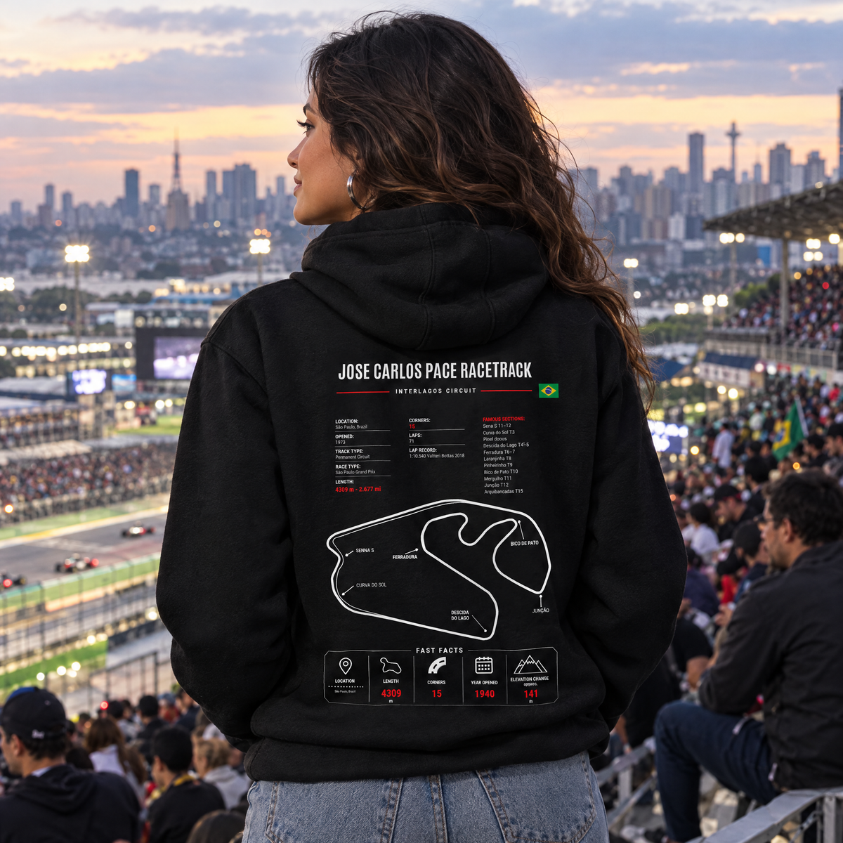 Woman wearing the Allison Racing Interlagos hoodie