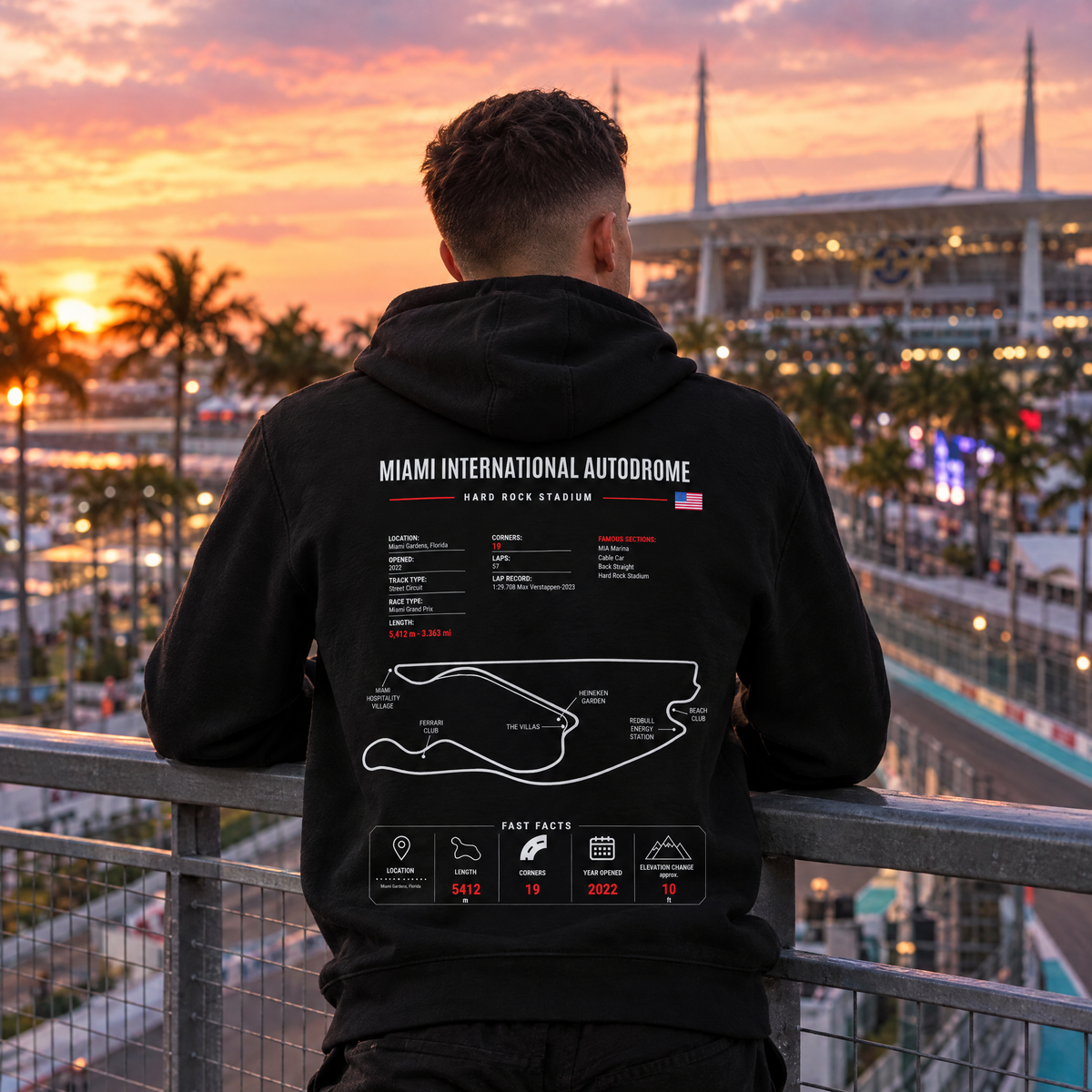 Fan wearing the Allison Racing Miami GP hoodie at the track