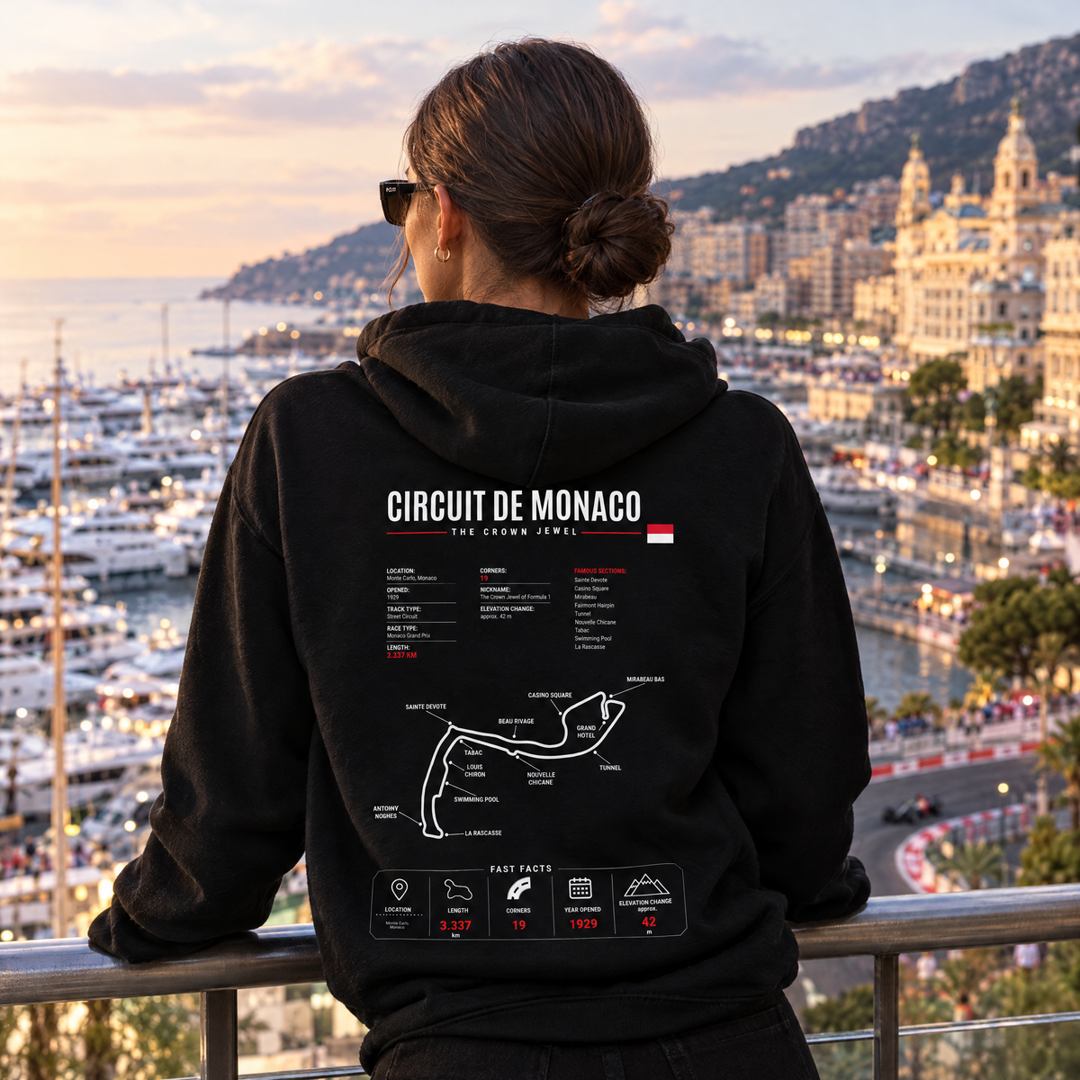 Fan wearing the Allison Racing Monaco hoodie above Monte Carlo