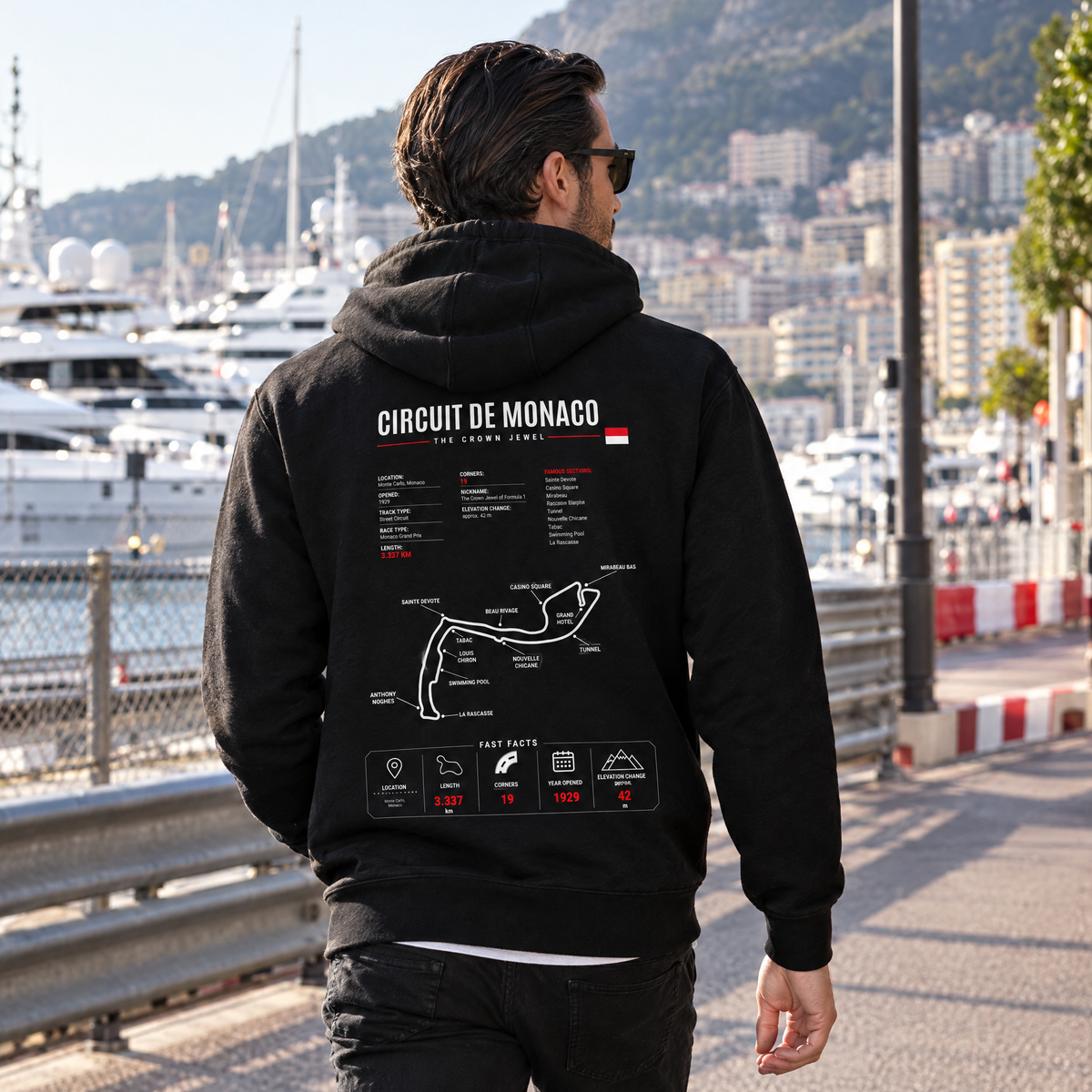 Man wearing the Allison Racing Monaco hoodie