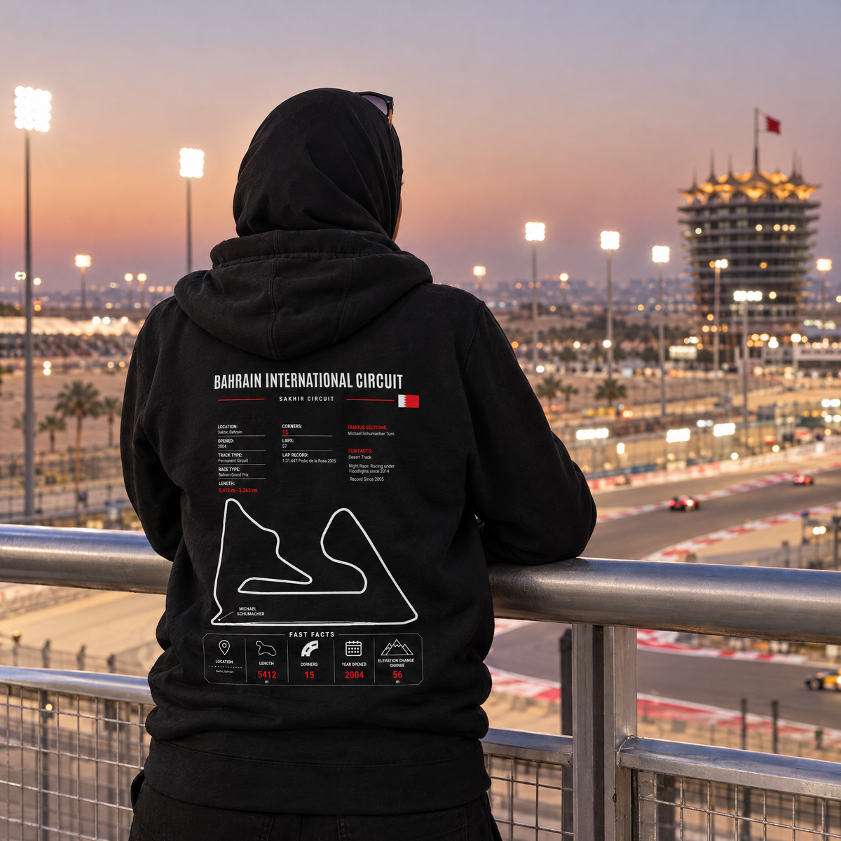 Fan wearing the Allison Racing Sakhir GP hoodie at the track