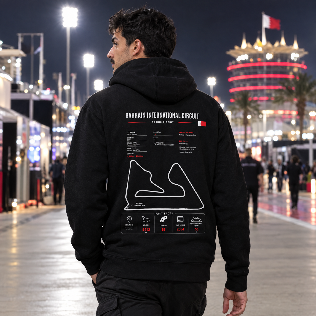 Man wearing the Allison Racing Sakhir GP hoodie