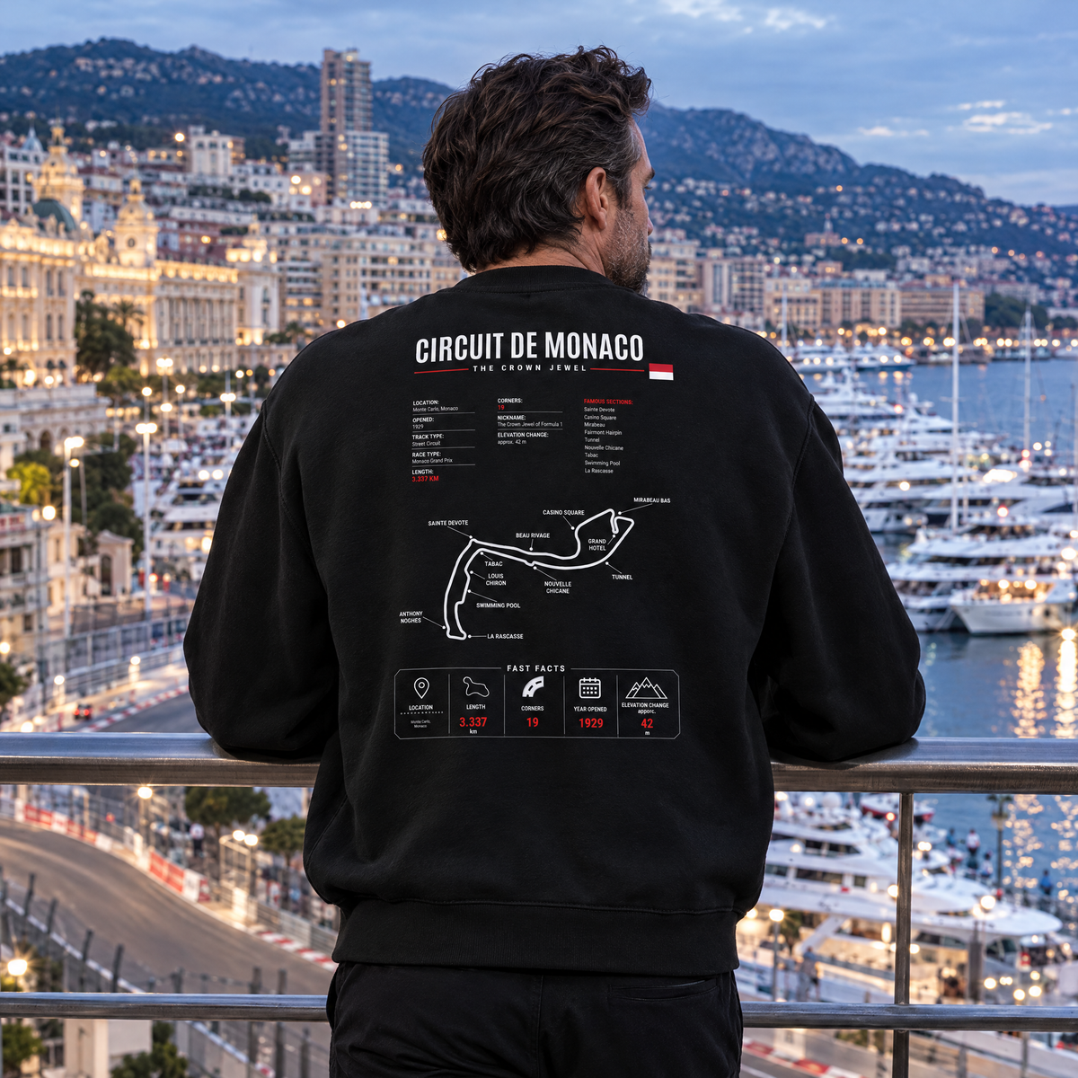 Fan wearing the Allison Racing Monaco sweatshirt above Monte Carlo