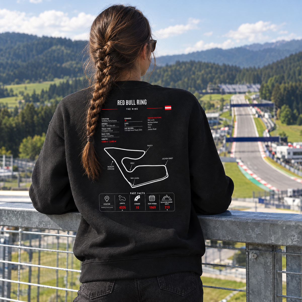 Fan wearing the Allison Racing Red Bull Ring sweatshirt at the track