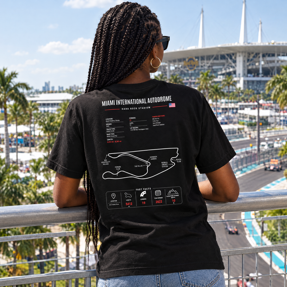 Fan wearing the Allison Racing Miami GP tee at the track