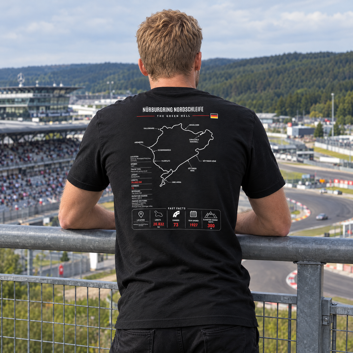 Fan wearing the Allison Racing Nürburgring tee at the track