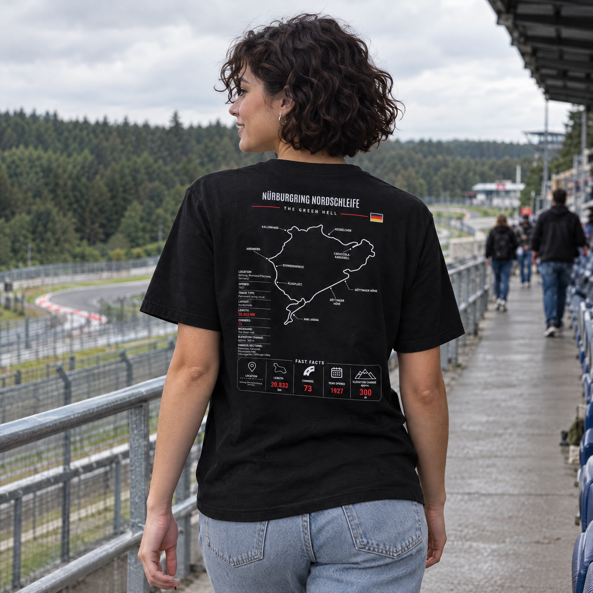 Woman wearing the Allison Racing Nürburgring tee